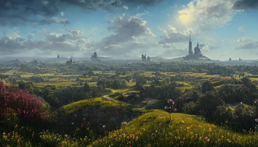 Image similar to landscape painting drone shot of a distant flower hill, behind it a distant old german city, blue sky, sunshine, fantasy, intricate, elegant, highly detailed, digital painting, artstation, blender, unreal engine 5, octane render, smooth, sharp focus, illustration, by greg rutkowski