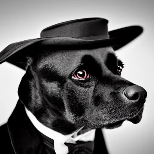 Image similar to closeup portrait of a dog wearing a suit and a top hat and a monocle on an eye, digital art, black and white