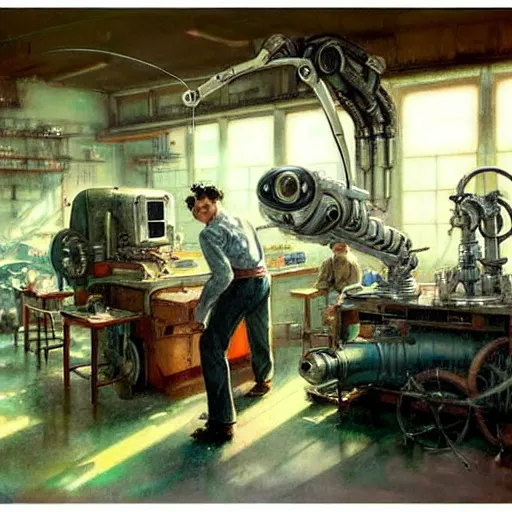 Image similar to ( ( ( ( ( 1 9 5 0 s retro boy inventors science fiction cluttered robot mechanics shop interior scene. muted colors. ) ) ) ) ) by jean - baptiste monge!!!!!!!!!!!!!!!!!!!!!!!!!!!!!!