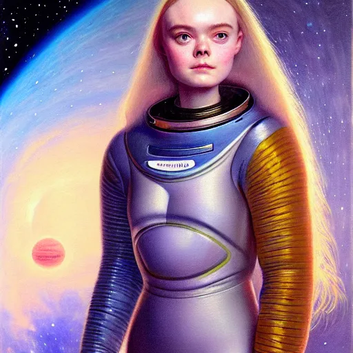 Prompt: portrait of a elle fanning wearing a spacesuit in the dark depths of space, detailed realism face in painting, detailed beautiful portrait, oil painting masterpiece, 8 k resolution, smooth, sharp focus, trending on artstation, by bruce pennington