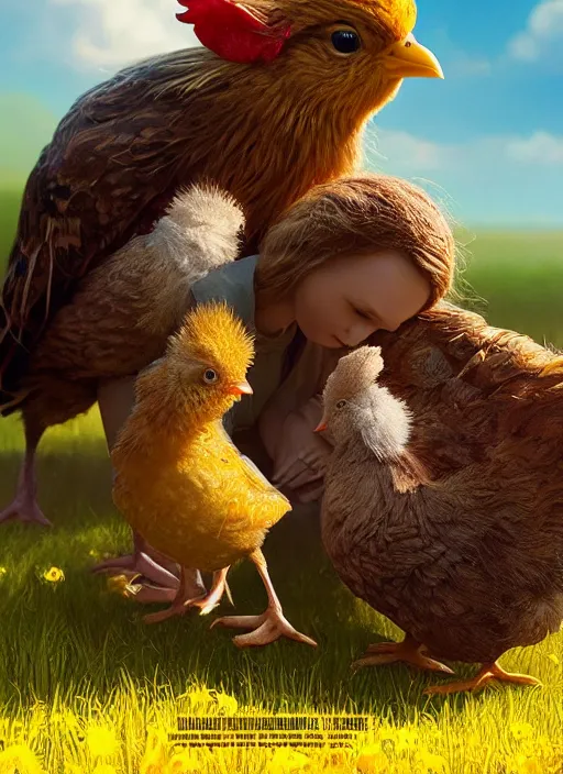 Prompt: a hen and her two cute small yellow chicks on a meadow, mama movie poster by nuri iyem, james gurney, james jean, greg rutkowski, anato finnstark. pixar. hyper detailed, 5 0 mm, award winning photography,