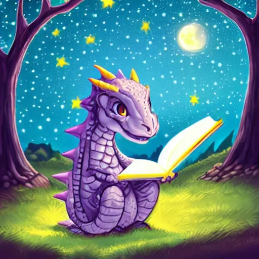 Image similar to cute dragon reading a book under the stars