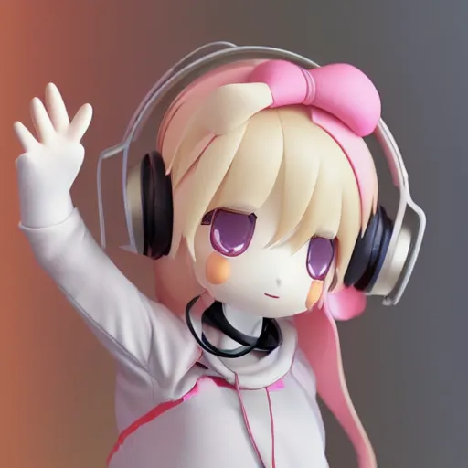Image similar to cute fumo plush of a girl waving with studio headphones, anime girl, vray