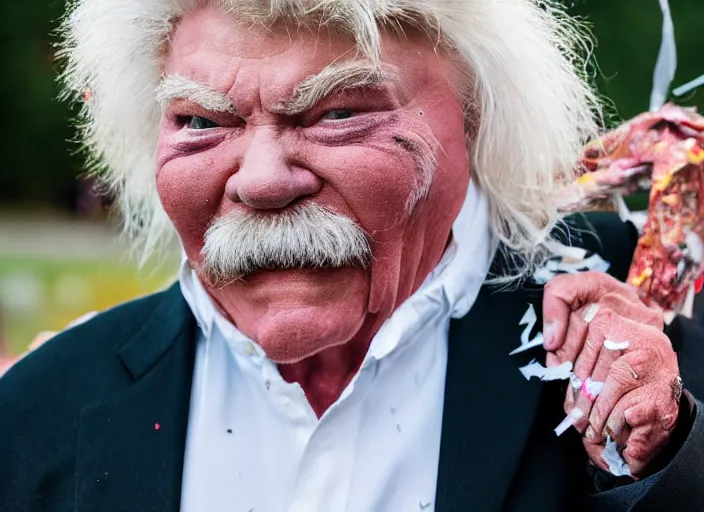 Image similar to photo still of rip taylor at a funeral service outside!!!!!!!! at age 5 4 years old 5 4 years of age!!!!!!! throwing confetti from a bucket, 8 k, 8 5 mm f 1. 8, studio lighting, rim light, right side key light