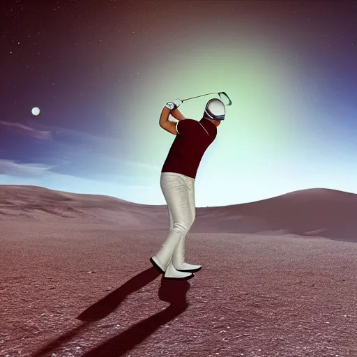 Image similar to nasa photograph of an astronaut playing golf on a lush green golf course on mars, photorealistic, 4 k