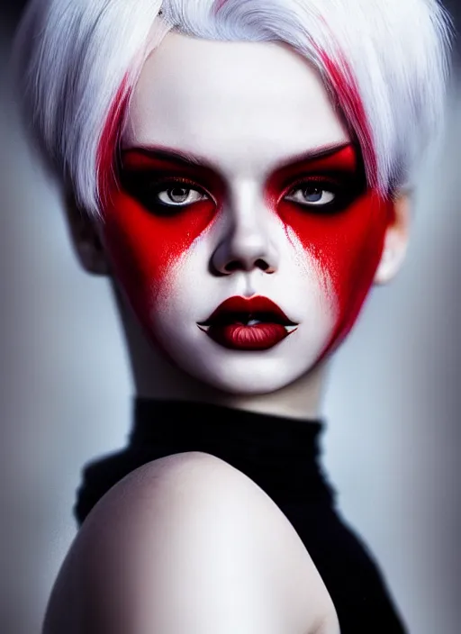 Image similar to photo of kerli koiv with red and white half dye in the style of stefan kostic, realistic, half body shot, sharp focus, 8 k high definition, insanely detailed, intricate, elegant, art by stanley lau and artgerm, foggy backgeound