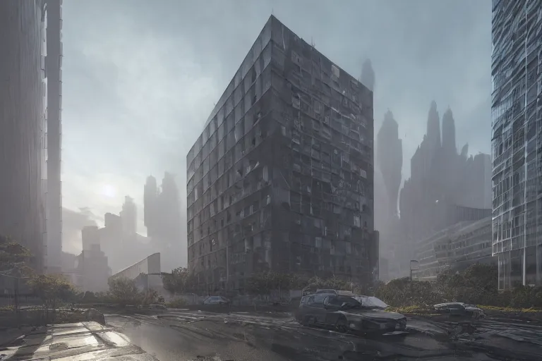 Image similar to streetscape, a towering cathedral of brutalist architecture, buildings covered with greebles, stunning volumetric light, sunset, metal, concrete and translucent material, stunning skies, majestic landscape, trending on Artstation, 8k, photorealistic, hyper detailed, unreal engine 5, IMAX quality, cinematic, epic lighting, in the style of Greg Rutkowski