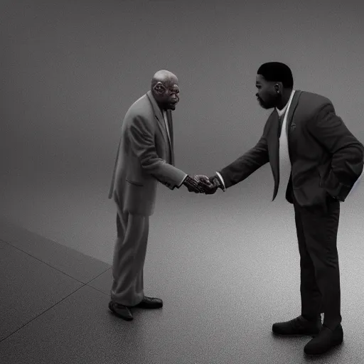 Prompt: charles white jr. offering a handshake towards the camera, cinematic, gloomy background, realistic, digital art, character art, 8 k