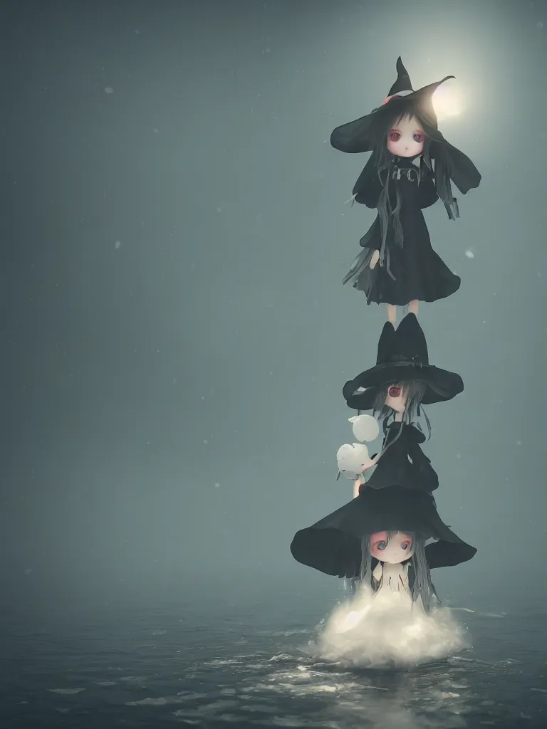 Image similar to cute fumo plush girl witch standing in reflective murky ghastly river water, otherworldly gothic horror maiden in tattered cloth, hazy heavy swirling murky volumetric fog and smoke, moonglow, lens flare, vray