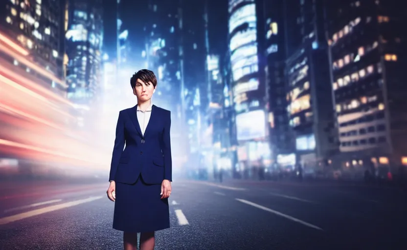 Image similar to a wide shot of a woman with a wool suit, very short hair, blurred face, wearing an omega speedmaster on her wrist in front of a crowded dystopian city full of people walking at night with fog and cyberpunk lights