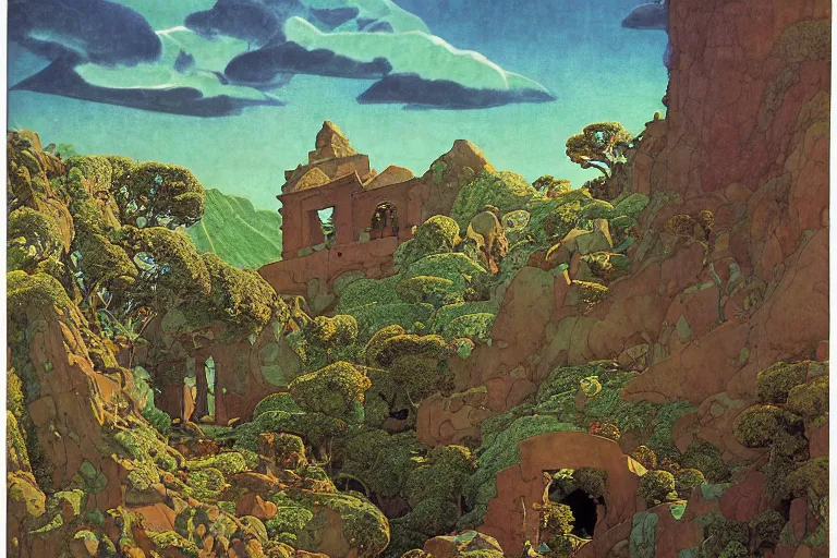 Prompt: ancient temple on a mountainside at dawn | by Edmund Dulac and Maxfield Parrish and Nicholas Roerich and Donato Giancola | ornate carvings| climbing vines| rich color | dramatic cinematic lighting | extremely clear and detailed