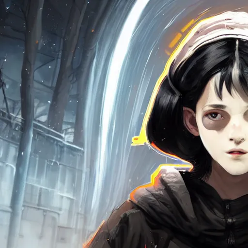 Image similar to a pale skinny white young girl with black hair, the hime cut, 1 8, in a black hoodie, and a cat, apex legends character, digital illustration portrait design, by android jones and greg rutkowski, retrowave color scheme, detailed, cinematic lighting, wide angle action dynamic portrait