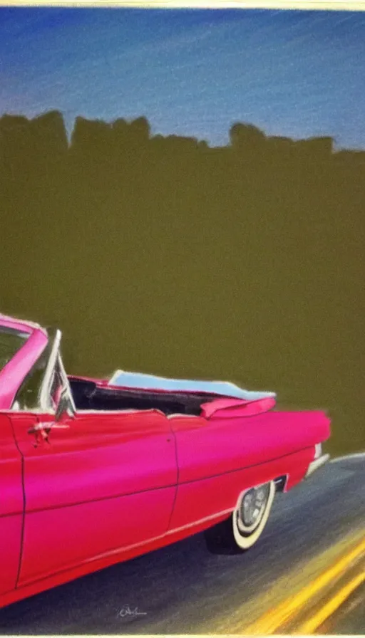 Prompt: polaroid of a 1 9 6 3 red cadillac convertible in the distance driving down empty highway into a pink sunrise, oil pastel, high detail, realistic, vintage