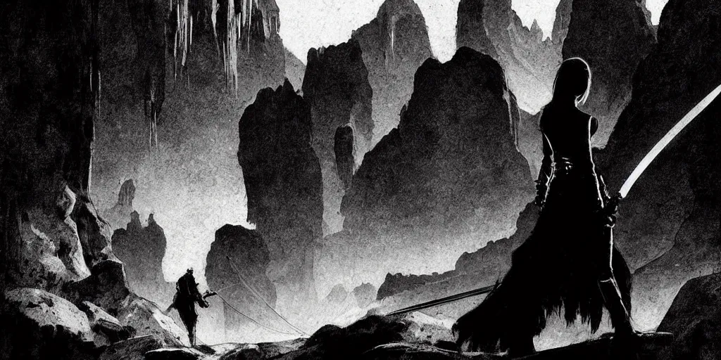 Image similar to epic portrait cinematic shot an female with large sword runnning in a cave of an giant, cloudy, realistic shaded lighting poster by craig mullism, digital art, kvlt by peder balke by theodor kittelsen by guido crepax by norman bluhm mystic high contrast monochromatic noir