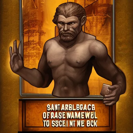 Prompt: saint homo neanderthalis portrait poster with book of science on his right hand, gta chinatown wars art style, bioshock infinite art style, hyperrealistic, rgba colors, remove duplicate content, justify contents center.