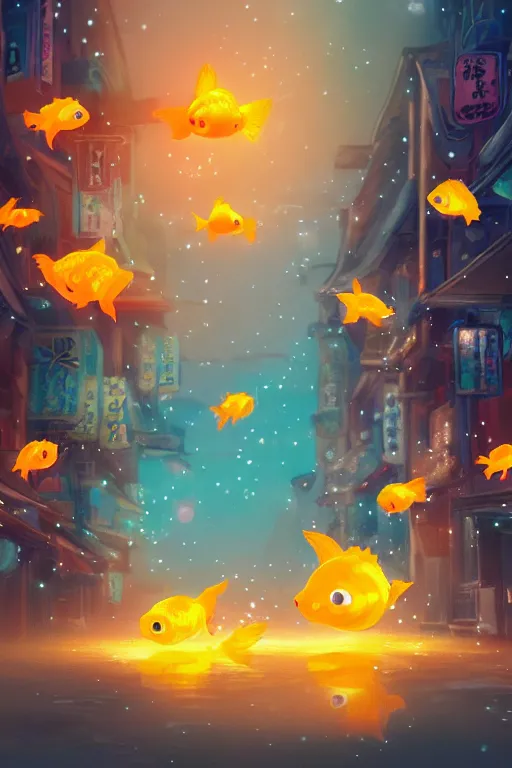 Image similar to fantasy art of glowing goldfish swimming in the air, in the streets of a japanese town at night, with people watching in wonder, in the style of studio ghibli and makoto shinkai, highly detailed digital art, trending on artstation