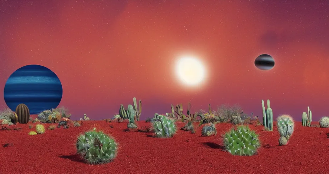 Image similar to ''red sand desert, gas giant in the sky, cactus in the forefront, crashed spaceship in the distance''