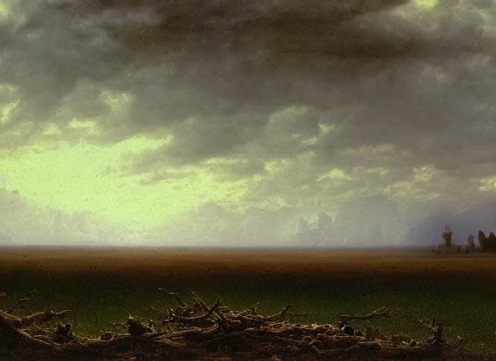 Image similar to a vast muddy field with many corpses buried underneath it, albert bierstadt, landscape, dark and scary