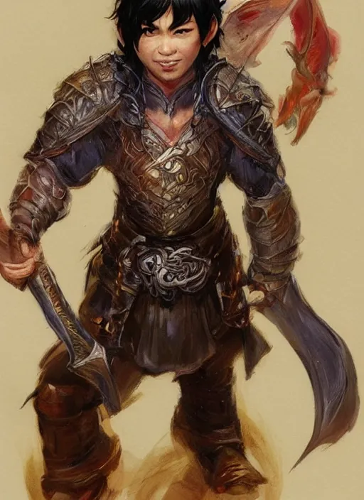 Image similar to asian with medium black hair man looks belly point of view, dndbeyond, bright, colourful, realistic, dnd character portrait, full body, pathfinder, pinterest, art by ralph horsley, dnd, rpg, lotr game design fanart by concept art, behance hd, artstation, deviantart, hdr render in unreal engine 5