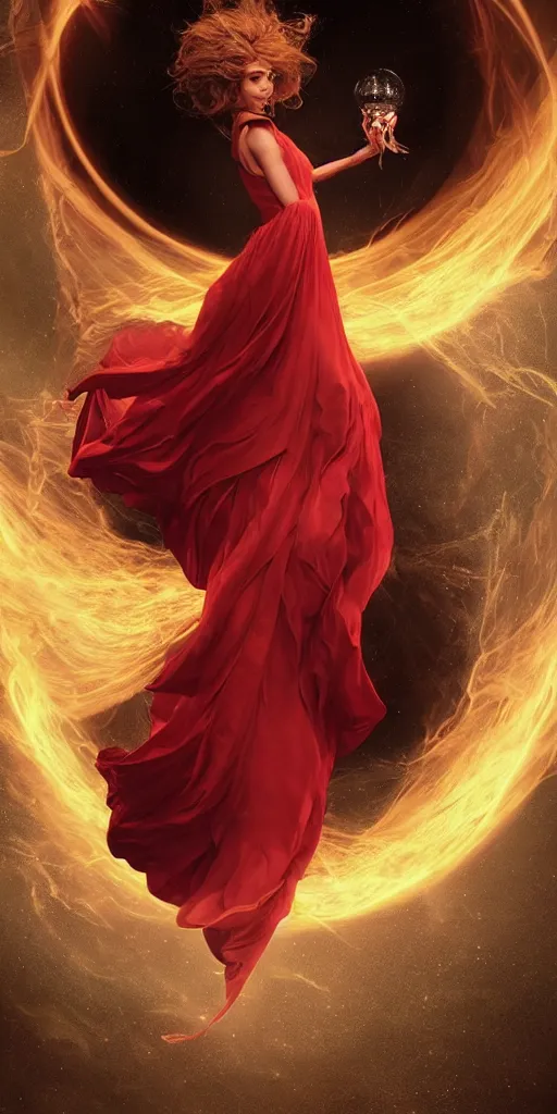 Prompt: A woman floats in midair, encircled by a ring of fire. She wears a crimson gown and her hair is wild and flowing. In her hands she holds a staff adorned with a large crystal ball, super coherent, trending on artstation, single subject, female, magic, full body portrait, by Lulu Chen and Mandy Jurgens