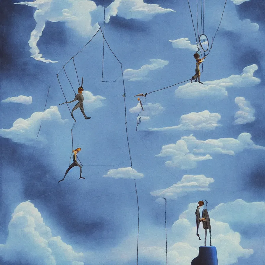 Image similar to surrealist artwork about following a tightrope artist who walks among clouds and falls down a city of illusions '. blue indigo colour scheme