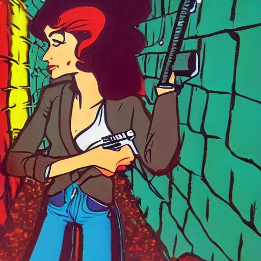 Prompt: young woman in city street holding a pistol, Ralph Bakshi cartoon artstyle, 70s psychedelic