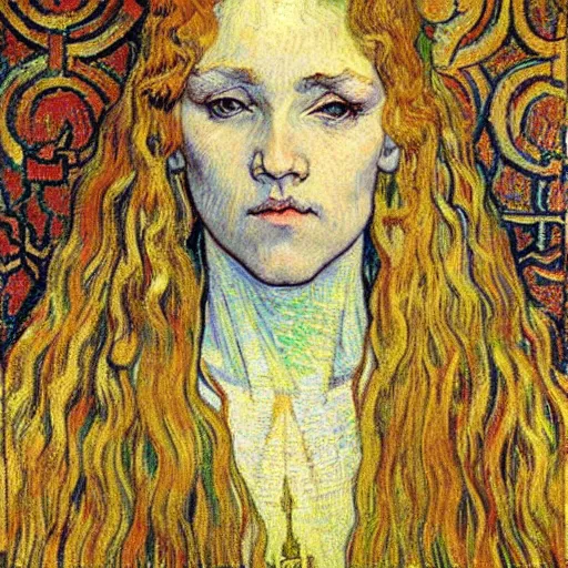 Image similar to detailed realistic beautiful young medieval queen face portrait by jean delville and vincent van gogh, art nouveau, symbolist, visionary, gothic, pre - raphaelite