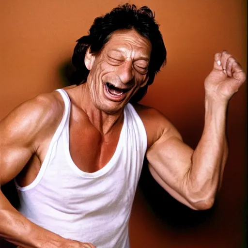 Image similar to jim varney has a nice new perm, he decides to have a pillow fight with jim varney in a white tank top. jim varney is on the bed pillow fighting with jim varney laughing having a great time playing with his jim award winning jim photography stunning hilarious pillow fight jim laughing