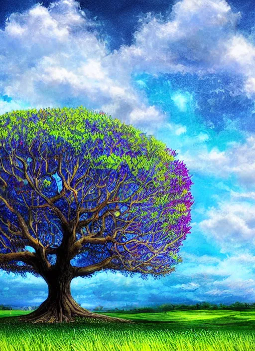 Prompt: fields, giant tree with blue leaves in the distance, fantasy, digital art, colorful, divine, painting, dramatic