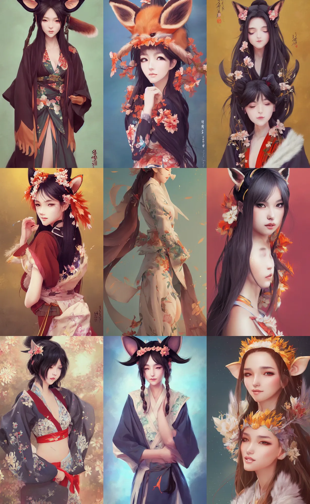 Prompt: A beautiful digital painting of a beautiful young woman with fox ears and nine fox tails wearing a kimono, by Stanley Artgerm Lau, WLOP, Rossdraws, LeraPi, and Sakimichan, tranding on artstation, SFW version