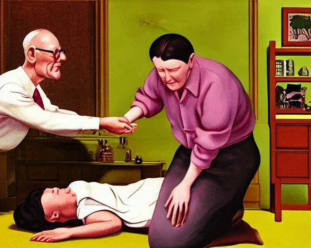 Image similar to the famous snake oil salesman Uncle Aloysius curing a patient of the pink wojacity, painting by Grant Wood, 3D rendering by Beeple, sketch by R. Crumb