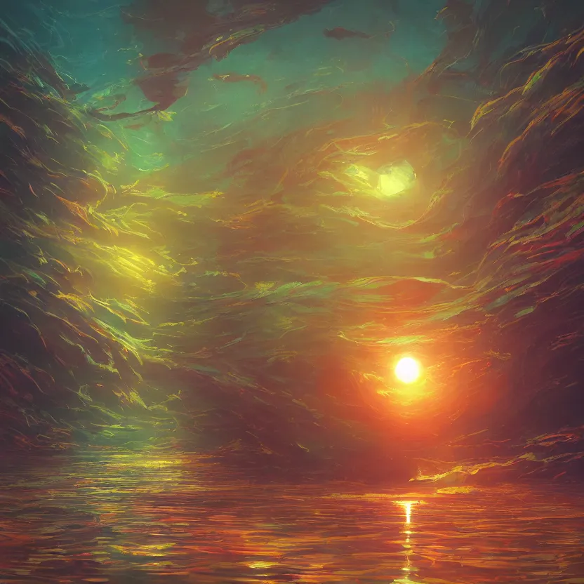 Image similar to an # illustration of submerging sun, psychedelic, by yoshitaka amano and alena aenami, trending on artstation, nvidia, matte painting, unreal engine