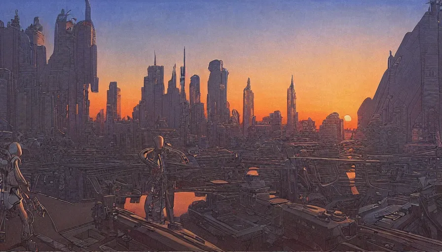 Image similar to Sun setting in a utopian futuristic cityscape with a bounty hunter in the foreground, by Jean Giraud, by Moebius, highly detailed, oil on canvas