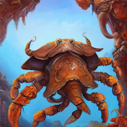 Image similar to elephant - crab creature, oil painting by justin gerard, deviantart