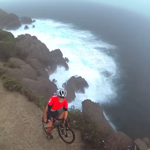 Image similar to POV bicycle: on a rocky path, Rider's first person holding the handlbars, point of view, GoPro, high 8k quality! entering the scary murky ocean, Fog. Ultrarealistic