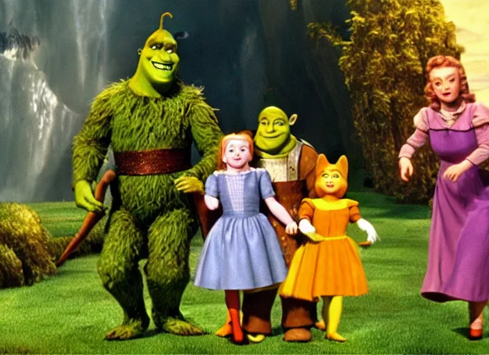 Image similar to a film still of shrek in the wizard of oz ( 1 9 3 9 ), technicolor