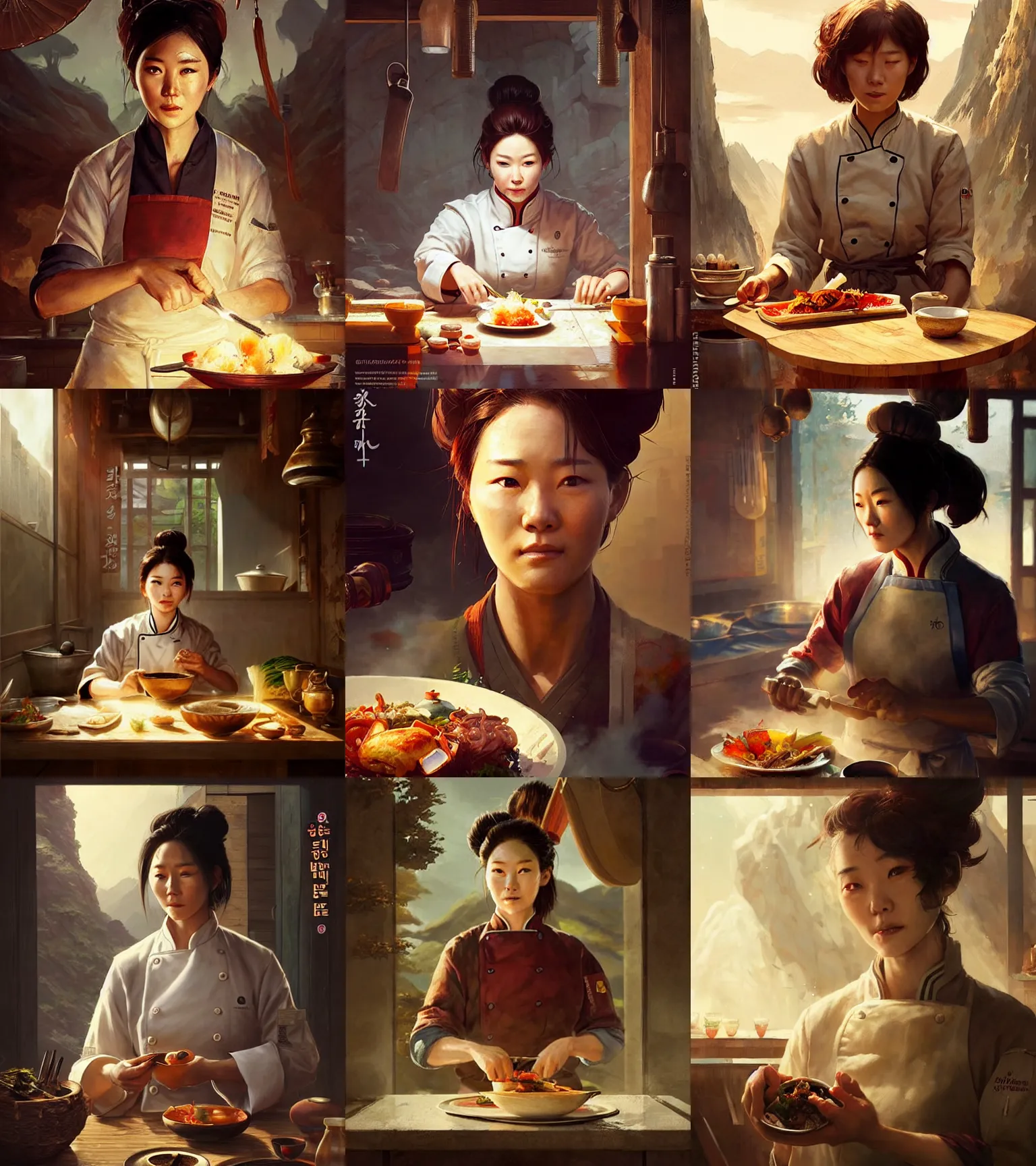 Prompt: a portrait of a female chef character in a scenic korean kitchen environment by marco bucci and greg rutkowski and frank frazetta, sharp focus, detailed, cinematic, korean