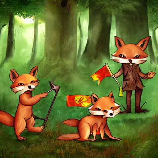 Image similar to 3 woodland critters, resistance, communist, bunny, mouse, fox, political meeting in the woods, antropomorphic, fantasy digital art, art station, green flags, green hats