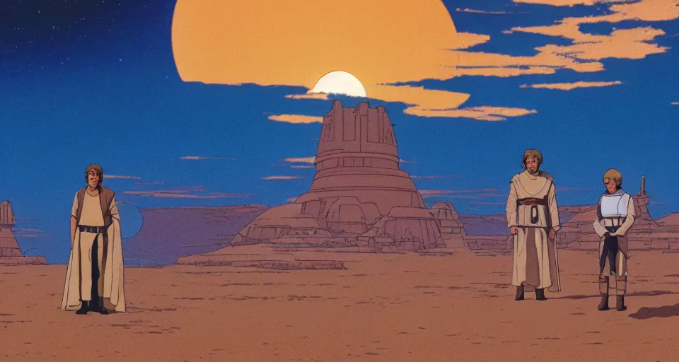 Image similar to beautiful wide shot tatooine landscape obi wan kenobi,Luke skywalker, Star Wars a new hope 1977, studio ghibli, Miyazaki, studio ghibli, Jean girard, Moebius , animation, golden hour, highly detailed, 70mm