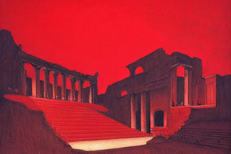 Image similar to only with red, a red melted emperor, taormina amphitheatre, crowd hails him, in the style of beksinski, parts by edward hopper, parts by rodcenko, parts by yue minjun, intricate and epic composition, red by caravaggio, insanely quality, highly detailed, masterpiece, red light, artstation, 4 k