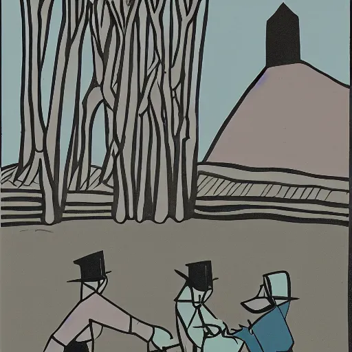 Image similar to a landscape and two silhouettes by tomi hungerer, illustration