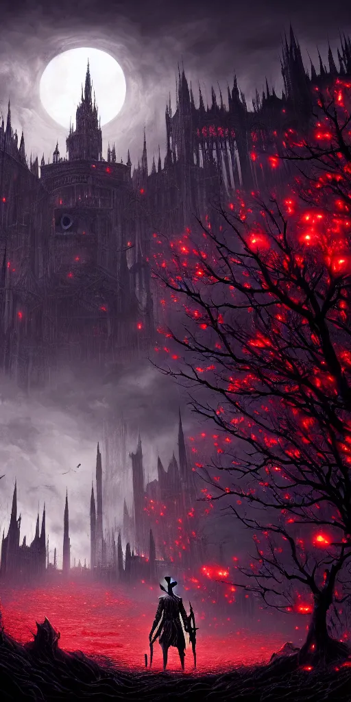 Image similar to populated bloodborne old valley with a dark person at the centre and a ruined gothic city in the background, trees and stars in the background, falling red petals, epic red - orange moonlight, perfect lightning, wallpaper illustration by niko delort and kentaro miura, 4 k, ultra realistic