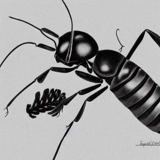 Prompt: soldier ant, black and white, botanical illustration