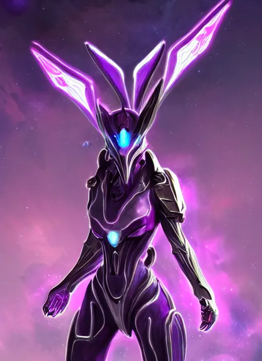 Image similar to detailed cinematic shot, cosmic sized perfectly proportioned stunning beautiful hot female warframe, detailed mecha female dragon head, metal ears purple eyes, sleek silver armor, fuschia leds, floating in empty space, nebula sized, holding a planet, epic proportions, epic size, epic scale, furry art, dragon art, giantess art, warframe fanart, furaffinity, deviantart