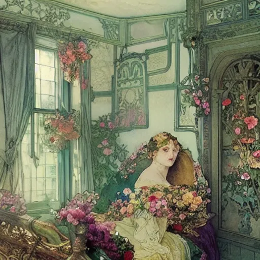 Image similar to a beautifull intricate watercolour painting of a victorian bedroom with many flowers, reflexions, verry high details by william turner art, greg rutkowski and alphonse mucha, trending on artstation, very very detailed, masterpiece,