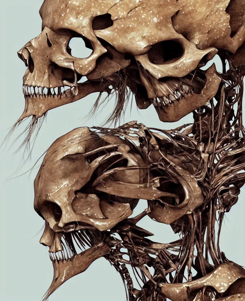Prompt: close-up macro portrait of the face of a beautiful princess with animal skull mask, epic angle and pose ribcage skeleton, symmetrical artwork, 3d with depth of field, blurred background, cybernetic jellyfish female face skull phoenix bird, translucent, nautilus, energy flows of water and fire. a highly detailed epic cinematic concept art CG render. made in Maya, Blender and Photoshop, octane render, excellent composition, cinematic dystopian brutalist atmosphere, dynamic dramatic cinematic lighting, aesthetic, very inspirational, arthouse. y Greg Rutkowski, Ilya Kuvshinov, WLOP, Stanley Artgerm Lau, Ruan Jia and Fenghua Zhong