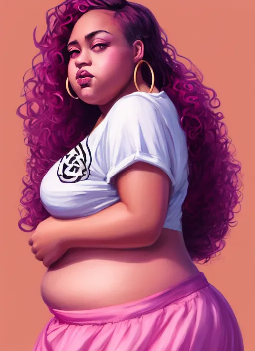 Image similar to full body portrait, teenage vanessa morgan, pink hair, obese, curly pixie hair, sultry, realistic, short hair, hoop earrings, skirt, shirt, fat, belly, black girl, intricate, elegant, highly detailed, digital painting, artstation, concept art, smooth, sharp focus, illustration, art by wlop, mars ravelo and greg rutkowski