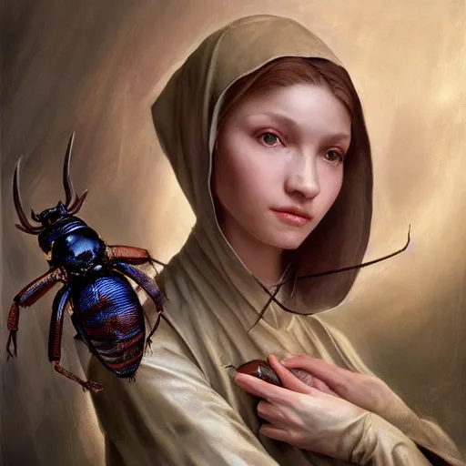 Image similar to A masterpiece portrait of a Incredibly beautiful maid barique renaissance swamp nun girl holding very beautiful big shiny king beetle. hunting on deer with russian greyhound medium shot, intricate, elegant, highly detailed. trending on artstation, digital art, by Stanley Artgerm Lau, WLOP, Rossdraws, James Jean, Andrei Riabovitchev, Marc Simonetti, Yoshitaka Amano. background by James Jean and Gustav Klimt, light by Julie Bell, 4k, porcelain skin.