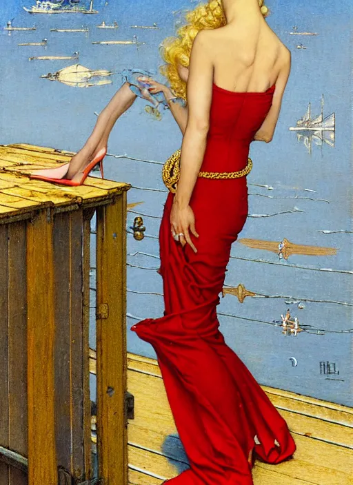 Image similar to a fancy beautiful young lady standing on a wharf at the edge of the sea, very tight gold chain belt, stylish heels, beautiful hair, red dress, by brom and gil elvgren and jean delville and william blake and norman rockwell and michael whelan, crisp details, hyperrealism, high detail, high contrast, low light