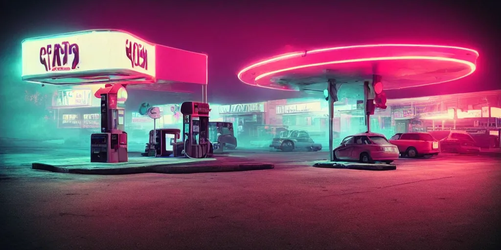 Prompt: “hyper realistic gas station, neon, fog, atmospheric lighting, neon glow, full of colour, photorealistic, award winning photography”